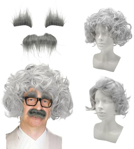 UILYNIU 3 Stück Graue Perücken Set mit Bart Verrückte Wissenschaftler-Kostüm Professorperücke Perücke Männer Perücke Opa Alter Grauer Schnurrbart für Partys Cosplay Halloween Weihnachten