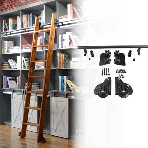 MARXAN Bibliotheks-Schiebeleiter-Hardware-Kit, 3,3 Fuß bis 24 Fuß Rollleiter-Hardware-Kit, Schwarze Rundrohr-Mobilleiterschienen mit Bodenrollenrädern – ohne Leiter(122cm Gleisbausatz)