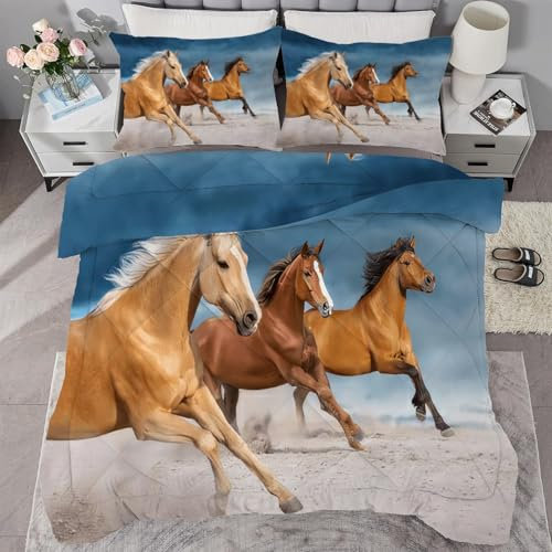 buyluhn Piumino completo con cavallo che corre, reversibile, per tutte le stagioni, per letto matrimoniale, 7,5 tog, lavabile in lavatrice, per letto matrimoniale, estate e inverno, leggero, 2 federe