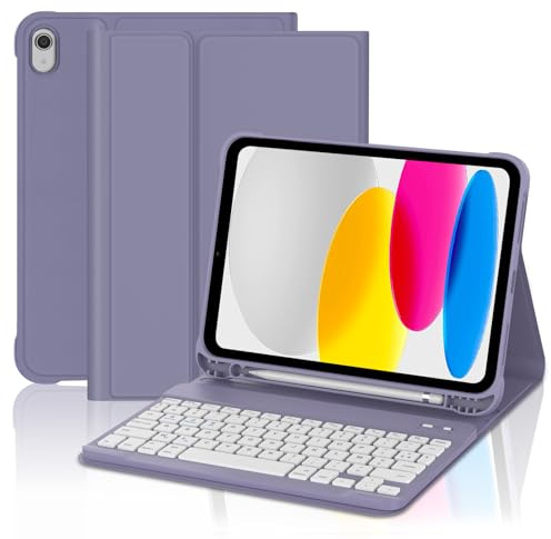 Coque Clavier pour iPad A16 11/10 Ème Generation 2025/2022 11/10.9 Pouces | Étui Keyboard Magnétique Détachable Bluetooth sans Fil, AZERTY Français avec Porte Crayon, Violet gris
