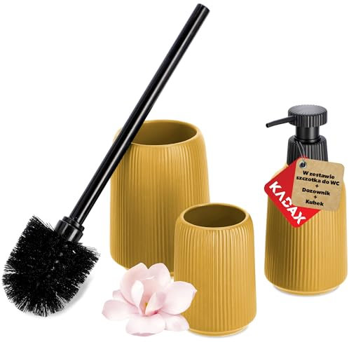 KADAX Set Accessori da Bagno Moderni in Ceramica - Porta Spazzolino, Dispenser di Sapone, Scopino WC (Giallo)