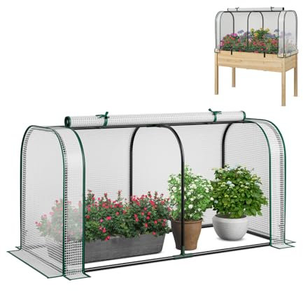 GOPLUS Mini Gewächshaus, Tomatenhaus mit Rolltür & Metallrahmen, PE-Abdeckung für Hochbeet, Foliengewächshaus Frühbeet, Treibhaus für Gemüse, Blumen, Pflanzen, 118 x 55 x 60 cm (Weiß)