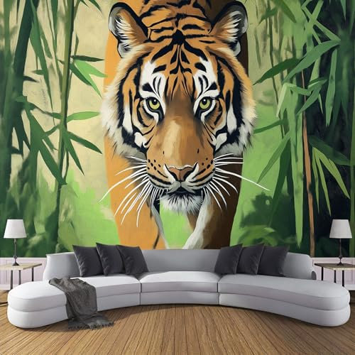 Fotomural Pared Tigre Vintage Pintura Al Óleo Bosque De Bambú| Fotomural Para Paredes | Mural | Foto Mural Decorativo | Varias Medidas 300X210Cm | Decoración Comedores, Salones, Habitaciones