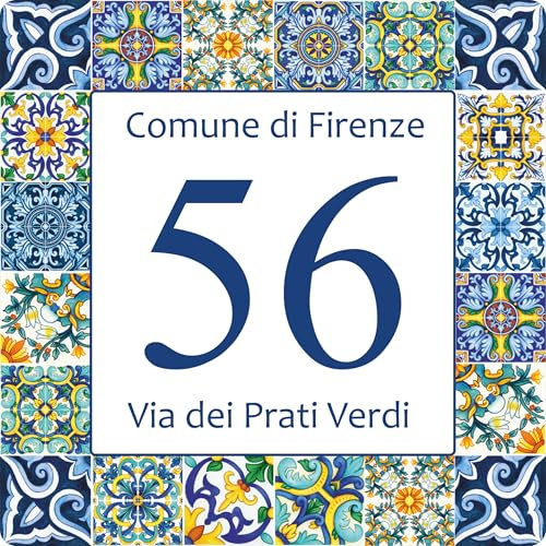 Pubblimania Numero Civico Personalizzato Stile Maiolica Siciliana - Targhetta in Alluminio Composito, Stampa UV Resistente, Made in Italy