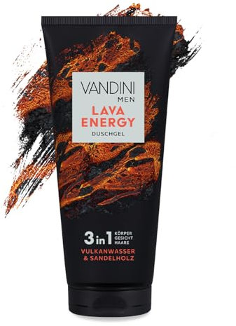 VANDINI Men Lava Energy Gel douche 3 en 1 pour homme 200 ml avec eau volcanique et bois de santal – Gel douche 3 en 1 pour homme pour tous les types de peau – Végétalien, sans parabène ni silicone