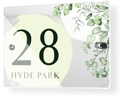 Personalised House Number Plaque 210mm x 148mm Eucalyptus Floral Design Modern House Sign Door Numbers with Hidden Fixings - Waterproof & Scratch-Resistant Printed Address Signage