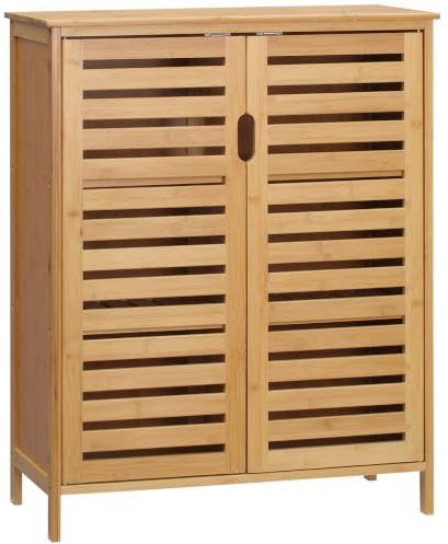 kleankin Meuble Salle de Bain en Bambou Rangement 68 x 32 x 86 cm Naturel | Armoire Salle de Bain, Double Porte à Lattes, Meuble de Rangement, 3 Niveaux, Salon, Chambre, Toilette