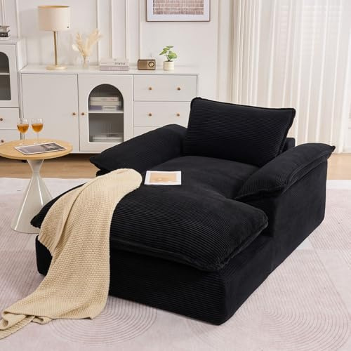 GNIXUU 67 Oversized Chaise Lounge Chair Indoor, Corduroy Upholstered Boneless Sleeper Sofa Bed, Comfy Large Reading Chair with Wide Armrests, Plush Cloud Couch for Living Room Bedroom, Black