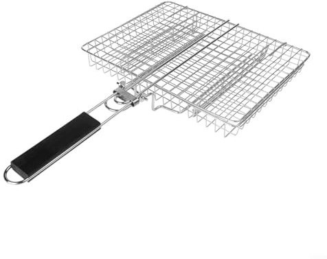 Griglia per barbecue all'aperto, 50,5 × 31 × 4 cm, in acciaio inox, grande cestino per barbecue con manico rimovibile, griglia portatile per pesce, carne, pesce, verdure, accessori per grigliare