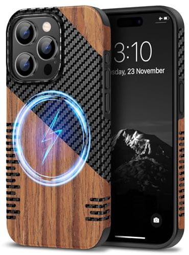 TENDLIN Coque Magnétique Compatible avec iPhone 15 Pro Etui Hybride en Bois et Carbone et Cuir Compatible avec MagSafe (Twill)