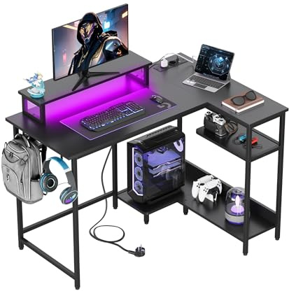 DEVAISE Bureau d'angle en L 110 x 80 cm avec Prises, LED et Étagères de Rangement, Table pour Gaming, Bureau et Télétravail, Noir