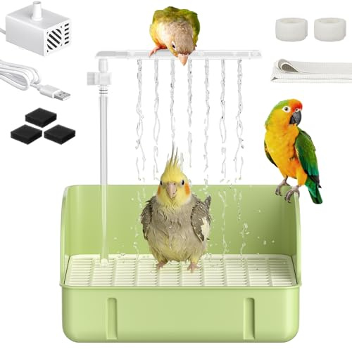 Pawfly Automatic Bird Bath for Cage, Bird Bath with Pump, Filter Sponges & Splash Guard Liner, Large Bird Shower with Running Water, Indoor Parrot Bath for Pet Birds, Bird Cage Accessories