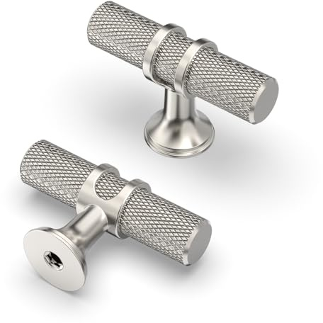 Amerdeco 10 Pack Brushed Satin Nickel Cabinet Knobs 2 Inch Zinc Alloy Kitchen Cabinet Knob T Bar Kitchen Cabinet Knob Knurled Cupboard and Wardrobe AM055