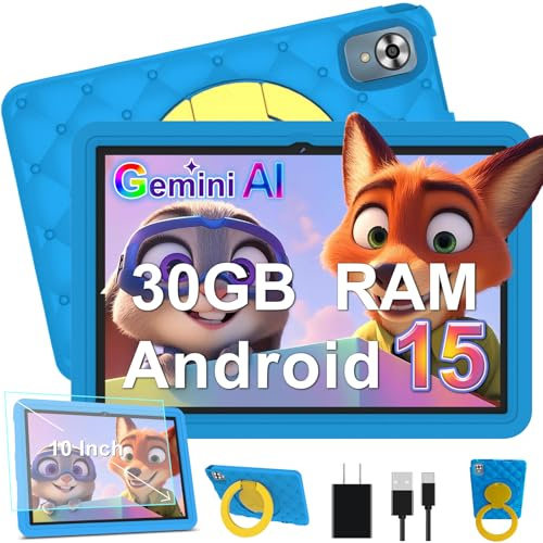 DMOAO Tablet para Niños 10 Pulgadas Android 15 con 30 GB RAM, 5G WiFi 6, Control Parental, 8-Core, 8MP + 5MP, 6000 mAh, Tablet Infantil con Funda Protectora EVA + Soporte 360° Giratorio, Azul