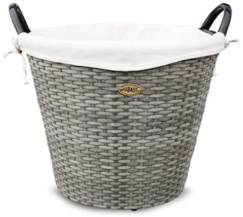 HABAU Feuerholzkorb mit waschbarem Stoffeinsatz, Holzkorb aus extrem robustem Polyethylen mit Metallrahmen - Korb mit 42 cm Durchmesser (Grau, Klein)
