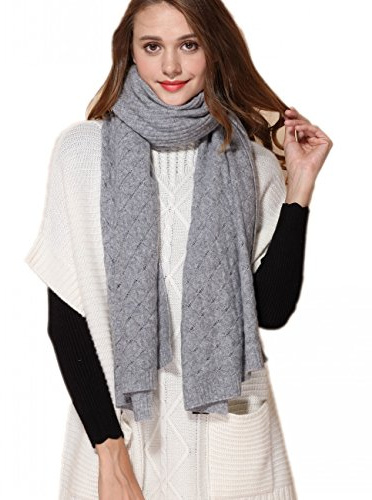 Prettystern 100% Kaschmir Stola Schal Poncho Leicht Kuschelig Warm Strickmuster Gerippt Lochmuster - Grau K05