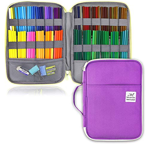 YOUSHARES 96 Slots Colored Pencil Case, Large Capacity Pencil Holder Pen Organizer Bag with Zipper for Prismacolor Watercolor Coloring Pencils, Gel Pens & Markers for Artist (Purple)