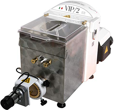 VIP/2 Macchina Pasta Fresca professionale elettrica con coltello TAGLIAPASTA elettrico per pasta corta, con 4 trafile in bronzo incluse, capacità vasca 2,8kg e produzione max pasta/ora di 8kg (Bianco)