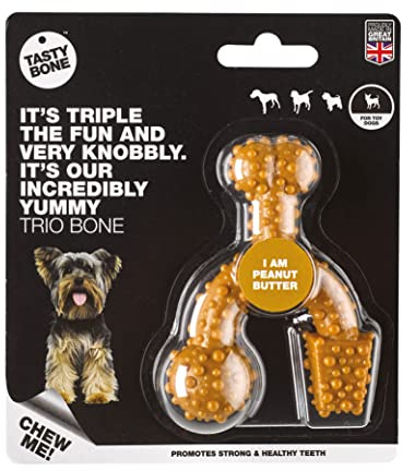 TastyBone TrioBone Nylon Dog Chew Toy for Toy Dogs (Peanut Butter) - Indestructible for Aggressive Chewers, Everlasting Flavour, Strong Healthy Teeth, Made in the UK