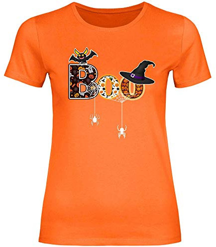 wowshirt Damen T-Shirt Halloween Boo Fledermaus Spinnennetz Hexe, Größe:M, Farbe:Orange