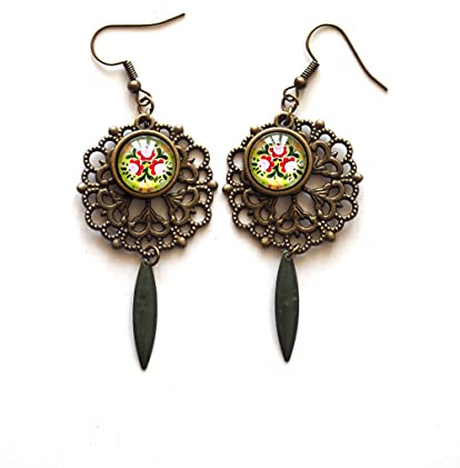 Boucles d'oreilles, fleur, vert fushia, bronze