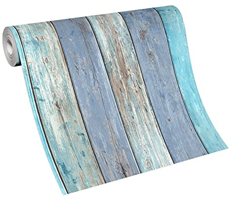 Erismann 10200-08 Papier peint intissé vieilli en bois rustique bleu turquoise vieilli vieilli vieilli imitation shabby 2 Blanc