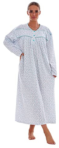 Malay Thermal Cotton Long Nightdress Floral Button V-Neck Soft Brushed Nightwear Green, M