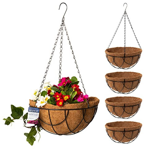 Bishop Hanging Basket With Liner — Includes Coco Liners for Hanging Baskets, 12 inch Black Wire Basket — Ideal Gardening Gifts For Mum — Great Garden Decoration Ideas and Outdoor Garden Planters