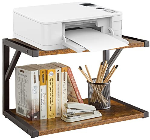 IBUYKE TLJ004H - Supporto per stampante da scrivania a 2 livelli, organizer multifunzione per libri di stampanti, per fax, scanner, file, libri, marrone rustico