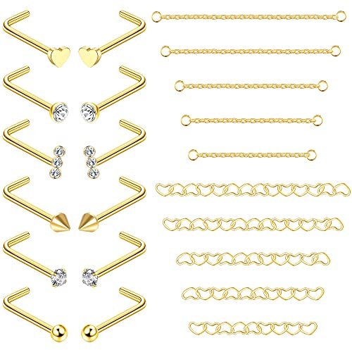 Adramata 12 Stück Nasenstecker 10 Stück Nasenkette Piercing Chirurgenstahl Nasenring mit Nasenkette für Doppel Nasenpiercing 20G Nasenstecker Silber Nasenpiercings für Damen Herren