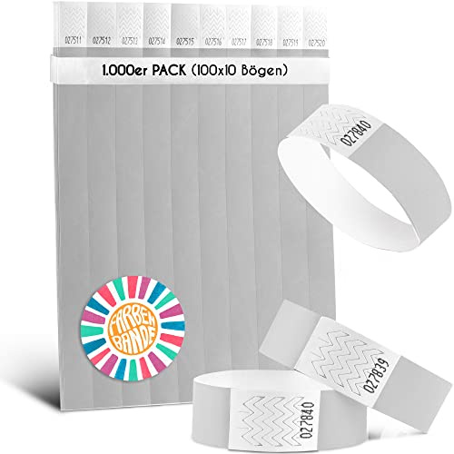 FARBEN BANDE® 1000 Einlassbänder Silber/Eintrittsbänder 19mm aus Tyvek/Party Bändchen reißfest, wasserdicht und nummeriert/farbige Partybänder/Einlassbändchen für Party, Festival & Feste
