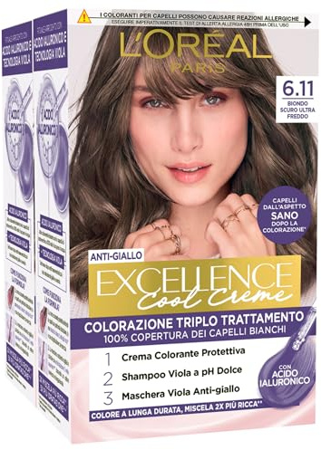 L'Oréal Paris Excellence Cool Creme Permanente Haarfarbe 6.11 Ultra Kaltes Dunkelblond, Tripel-Behandlung, deckt 100% des weißen Haares ab, lang anhaltend und Anti-Gelb - 2 Färbemittel