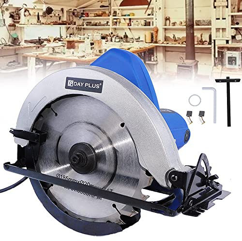 Mini Circular Saw, Electric Circular Saw with 1 Saw Blades(185mm), Scale Ruler and 2X Carbon Brush, Adjustable Cutting Depth and Angle, to Cut Wood, Soft Metal and Plastic