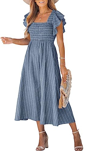 CUPSHE Women Maxi Dress Square Neck Pinstriped Smocked Summer Dress Ruffled Cap Sleeves Formal A-Line Casual Dresses