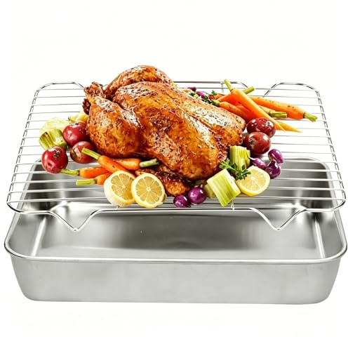 Brat Blech mit Gitter Klein, Rechteckig Antihaft Grillschale, Edelstahl Bräter mit Rost, für Backen, Grillen und Braten Truthähne, Lasagne, Fleisch, Rindfleisch, Hühnchen und Gemüse(26.5*20.5*5cm)