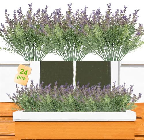 Künstliche Lavendelblumen – 24 Lavendelpflanzen, Sträucher für Hochzeitssträuße, künstliche Lavendelblumen, für drinnen und draußen, lebensechte Kunstblumen zur Dekoration