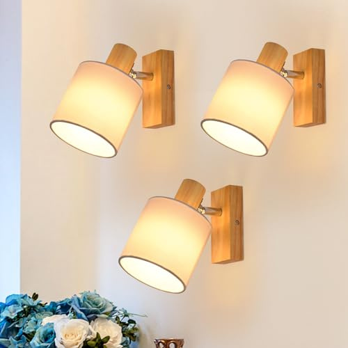 Glitzerlife Wandstrahler Holz Vintage 3er Wandleuchte E14 1 Flammig | Wandspot Retro Schwenkbar Wandbeleuchtung Wandlampe Industriell mit Weiße Stoffschirm für Flur Küche Gang MAX.40W