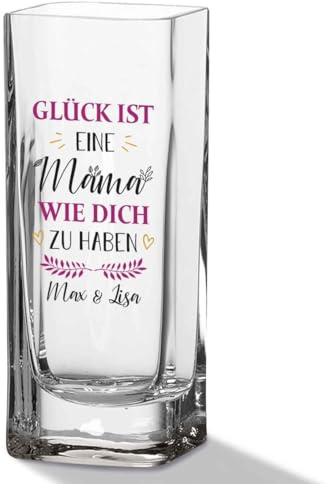 GRAVURZEILE Blumenvase mit UV Druck - Glück ist eine Mama - Personalisiert mit Namen - Moderne Vase aus Glas - Personalisierte Geschenke für Frauen - Deko Geschenkidee zum Muttertag - 20x8cm