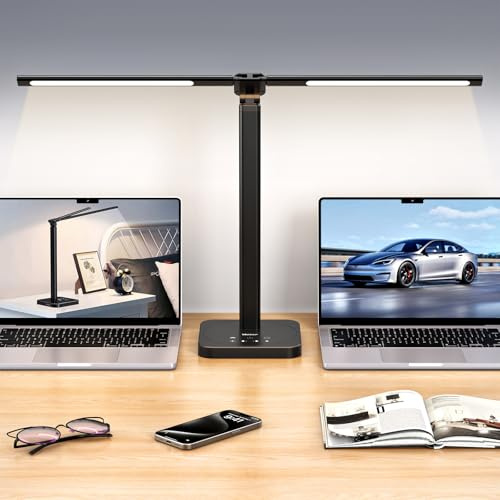 Veetop Schreibtischlampe LED Doppelkopf, Verstellbare Desk Lamp, Tageslichtlampe schreibtisch lampe Schreibtisch mit 72cm Schwenkarm 5 Helligkeitsstufen & 5 Farbtemperaturen, Dimmbare Bürolampe