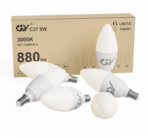 GY Ampoule LED E14 8W (équivalent 80W), 880 lumens 3000K Blanc Chaud, C37 Ampoule E14 Efficacité Energétique, E14 LED Angle de faisceau de 280° Non-Dimmable, Lot de 6