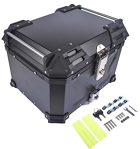 GLOSSY AUTO PARTS Schwarzer 45L Universal-Motorrad-Topcase, wasserdichte Aluminium-Motorrad-Kofferraum-Topbox, Dual-Key Storage Carrier Case, Kofferraum Tour Tail Box für Store Helm