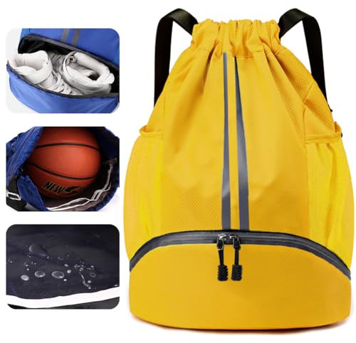Veki Sport Rucksack mit Kordelzug, Turnbeutel Wasserdicht für Damen und Herren, Sportbeutel mit Bodenfach für Basketball, Fußball, Volleyball, Gymsack für Reisen, Fitnessstudio, Schwimmen (Gelb)