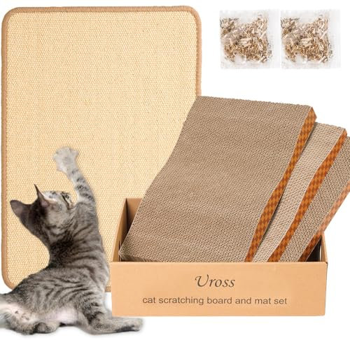 Uross Katze Kratzbrett Mattenset - Karton Katzenkratzer Katzenkratzkissen Katzenkratzkasten Kratzpads für Innenkatzen Sisal Katzenkratzmatte Kratzkissen für Katzen horizontaler Katzenkratzer