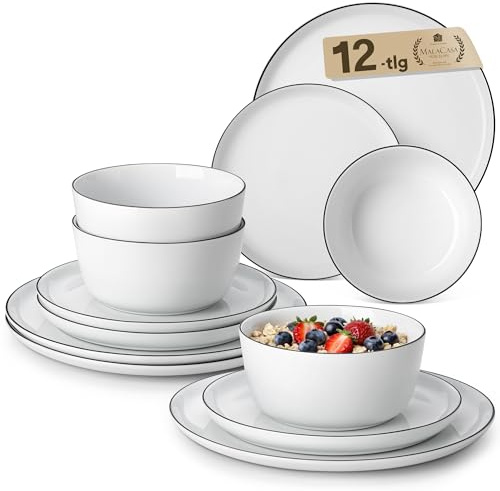 MALACASA 12 Piece Dinner Sets for 6 People, White and Black Rim Porcelain Crockery Set with Plates and Bowls, Premium Ceramic Dinnerware Sets, Microwave and Dishwasher Safe, Lexi Series