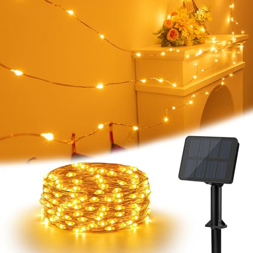 Isisyu Solar Lichterkette Aussen, 6M 60 LED Solarlichterkette Außen Wetterfest 8 Modi Kupferdraht Warmweiß Lichterkette Außen Solar Outdoor für Garten, Bäume, Terrasse, Balkon, Hochzeit, Partys