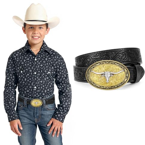 XIAOWU Kinder Cowboy Gürtel für Jungen Mädchen, 2,8 cm Breite Western Geprägte Echte Leder Gürtel für Jeans Hose Kleider Geschenk