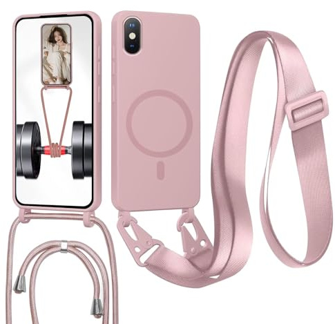 MBSLFY Magnetische Handykette für iPhone XS Max Hülle mit Band, Handyhülle Kompatibel mit MagSafe, mit Abnehmbar Kordel Umhängen Stossfest Handy Schutzhülle für iPhone XS Max, Hell Pink