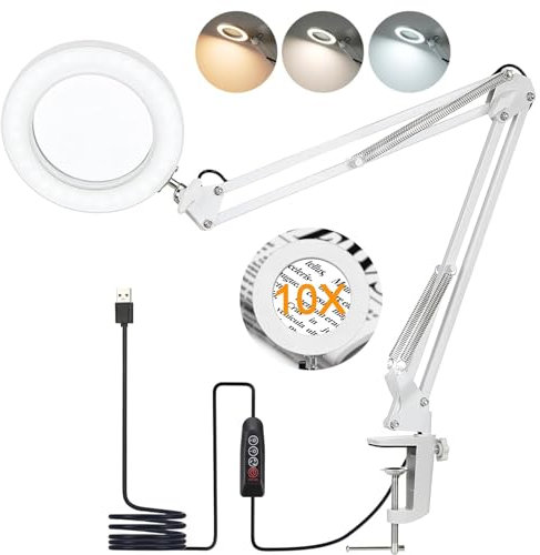 Lampe Loupe LED 10X avec Pince et Socle,72 LEDs,3 Modes de Couleur,10 Niveaux de Luminosité,Bras Articulé Flexible,Loupe Éclairage pour Lecture,Couture,Bijoux,Réparation,Blanc