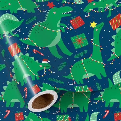 RUSPEPA Weihnachts-Geschenkpapierrolle für Jungen und Mädchen, Dinosaurier-Weihnachtsmuster, Navy Blue, 1 stück (1er Pack), 43,2 cm x 5m, für Weihnachten und Geburtstage