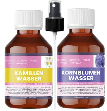 Ekologisk kamomillhydrolat & organisk blåklint blomhydrolat – 2 × 250 ml – inkl. 1 st. atomizer – 100 % naturliga organiska hydrolater – för hud, hår och aromvård – nakobe